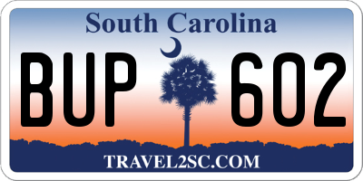 SC license plate BUP602