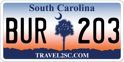 SC license plate BUR203