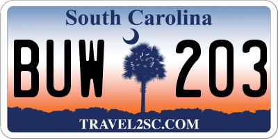 SC license plate BUW203