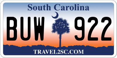 SC license plate BUW922