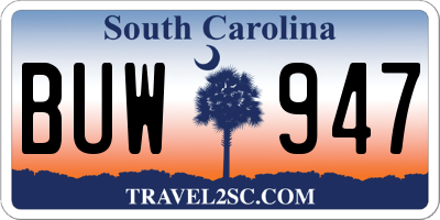 SC license plate BUW947