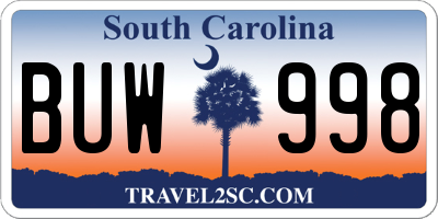 SC license plate BUW998
