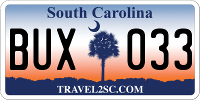 SC license plate BUX033