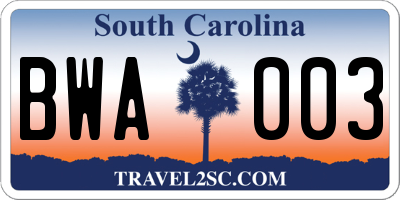 SC license plate BWA003