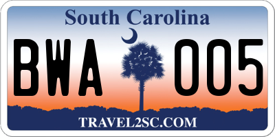 SC license plate BWA005