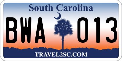SC license plate BWA013