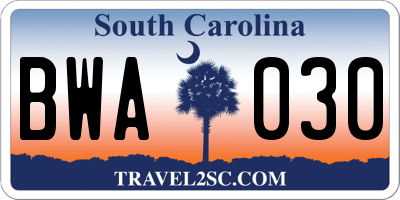 SC license plate BWA030