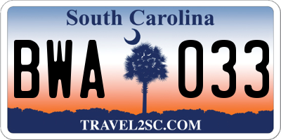 SC license plate BWA033