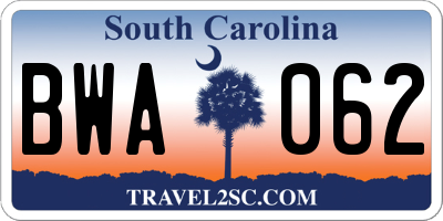 SC license plate BWA062