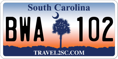 SC license plate BWA102