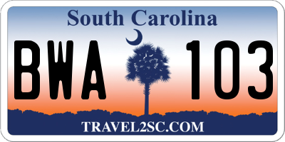 SC license plate BWA103