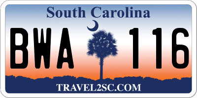 SC license plate BWA116