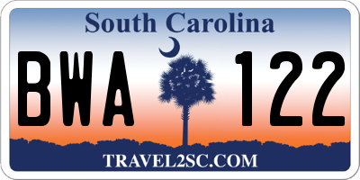 SC license plate BWA122