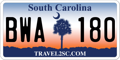 SC license plate BWA180