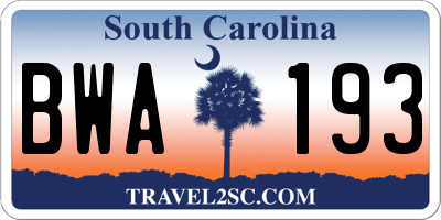 SC license plate BWA193