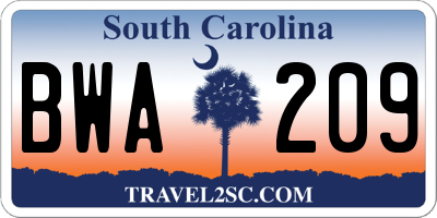 SC license plate BWA209