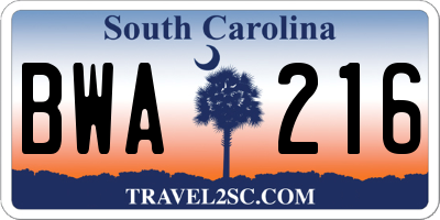 SC license plate BWA216