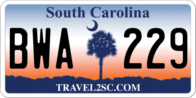 SC license plate BWA229