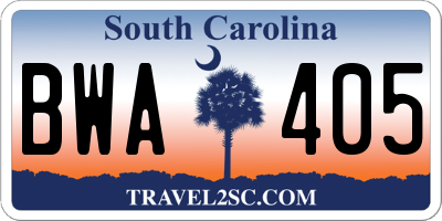 SC license plate BWA405