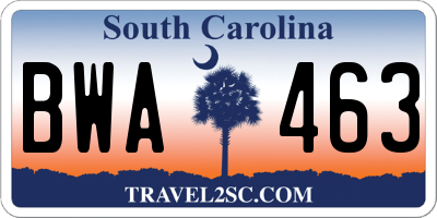 SC license plate BWA463