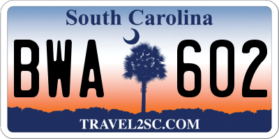 SC license plate BWA602