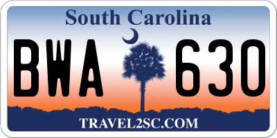 SC license plate BWA630