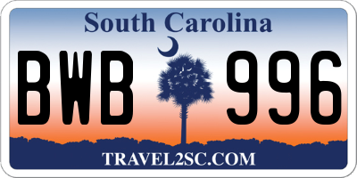 SC license plate BWB996