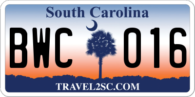 SC license plate BWC016