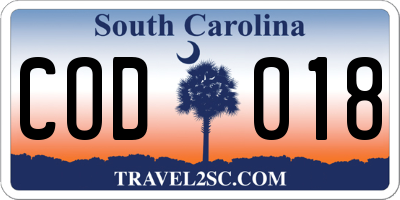 SC license plate COD018