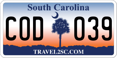 SC license plate COD039