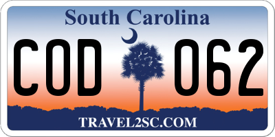 SC license plate COD062