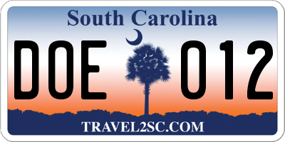 SC license plate DOE012