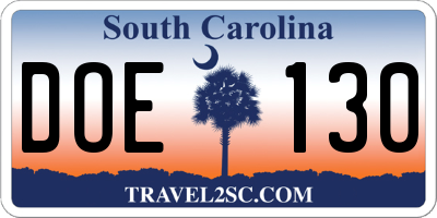 SC license plate DOE130
