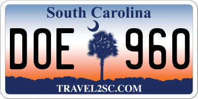 SC license plate DOE960