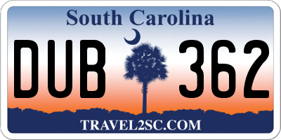 SC license plate DUB362