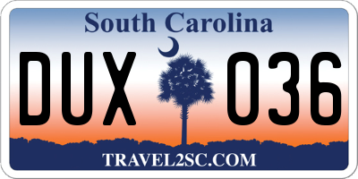 SC license plate DUX036