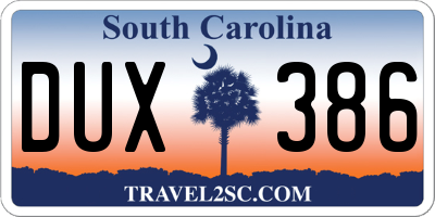 SC license plate DUX386