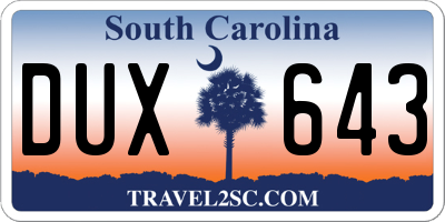 SC license plate DUX643