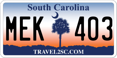 SC license plate MEK403