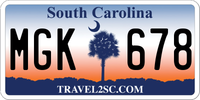 SC license plate MGK678