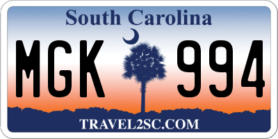 SC license plate MGK994