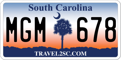 SC license plate MGM678