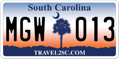 SC license plate MGW013