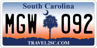 SC license plate MGW092