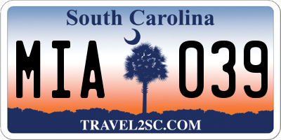 SC license plate MIA039