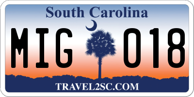 SC license plate MIG018