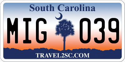 SC license plate MIG039