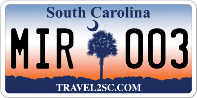 SC license plate MIR003
