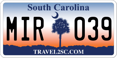 SC license plate MIR039