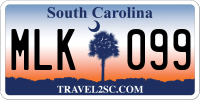 SC license plate MLK099